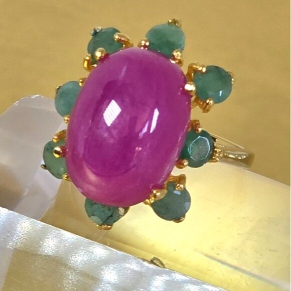 925 Sterling Silver Ring Sz 6.5 with Natural Oval Ruby 16x11mm & Emerald Gems - Picture 4 of 13